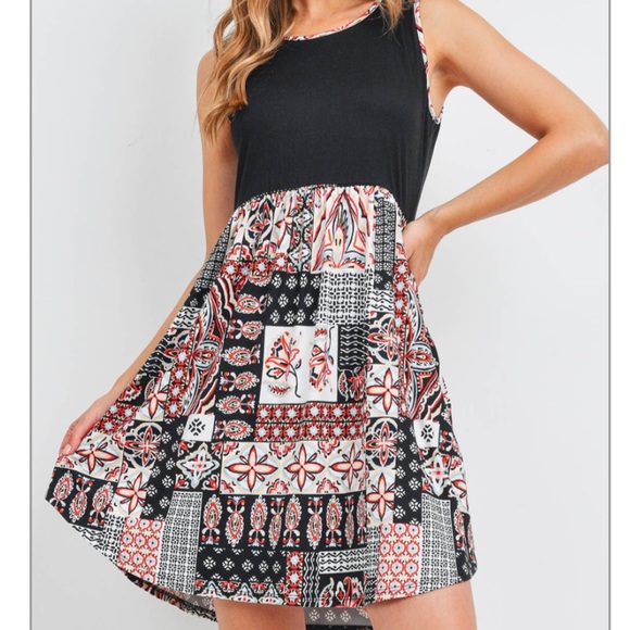 NEW SOFT Black and Red Boho Stretch Dress - Picture 4 of 10